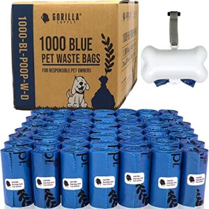 Gorilla Supply Dog Waste Bags with Patented Dispenser and Leash Tie, Blue, Unscented, EPI Additive (meets ASTM D6954-04 Tier 1), 1000 Count