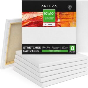 Arteza Stretched Canvas, Pack of 8, 10 x 10 Inches, Square Blank Canvases