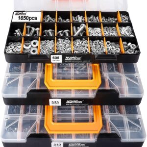1,650 Pieces Deluxe Hardware Fasteners Assortment Kit with 64 Sizes in Detachable and Combinable